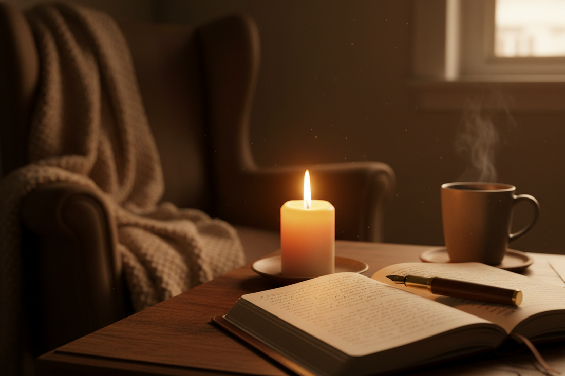 Intention candle burning next to journal, representing mindfulness and daily grounding practice.